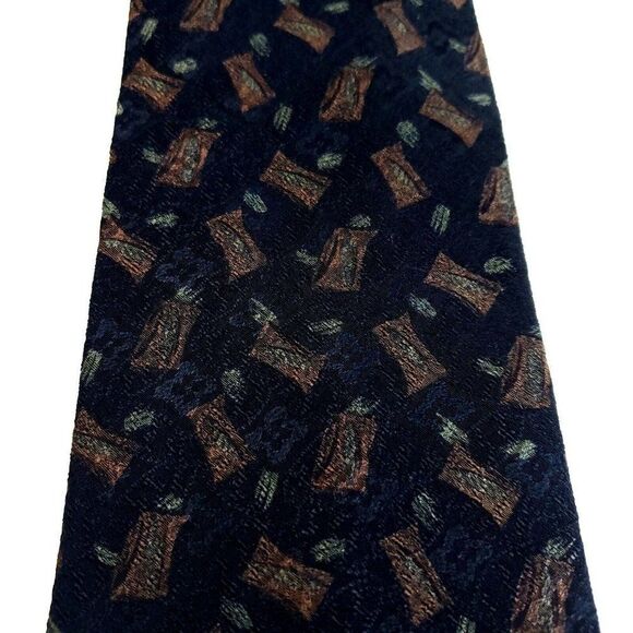 Calvin Klein Navy Blue Brown Jacquard Print Abstract Wide Silk Tie - Picture 2 of 6